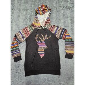 Now N Forever Womens Fair Isle Deer‎ Graphic Hoodie Gray Multi Raglan Pullover